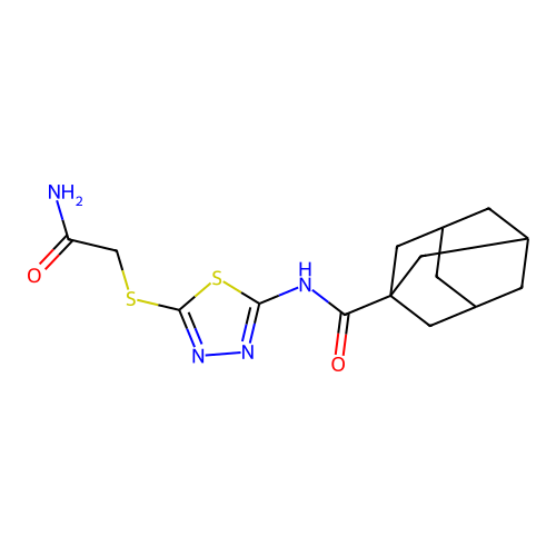 N-[5-(2-amino-2-oxoethyl)sulfanyl-1,3,4-thiadiazol-2-yl]adamantane-1-carboxamide structure