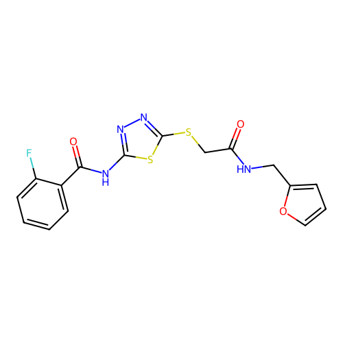 2-fluoro-N-(5-((2-((furan-2-ylmethyl)amino)-2-oxoethyl)thio)-1,3,4-thiadiazol-2-yl)benzamide structure