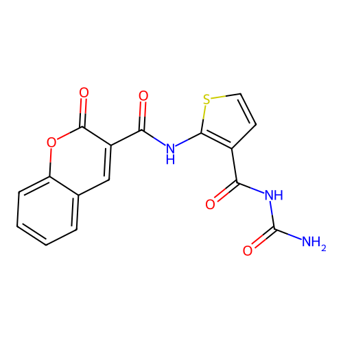 N-[3-(carbamoylcarbamoyl)thiophen-2-yl]-2-oxochromene-3-carboxamide structure