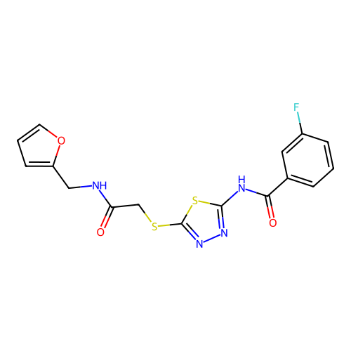 3-fluoro-N-[5-[2-(furan-2-ylmethylamino)-2-oxoethyl]sulfanyl-1,3,4-thiadiazol-2-yl]benzamide structure