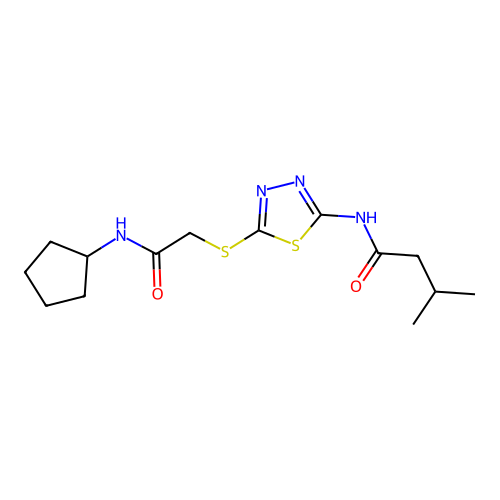 N-(5-((2-(cyclopentylamino)-2-oxoethyl)thio)-1,3,4-thiadiazol-2-yl)-3-methylbutanamide structure