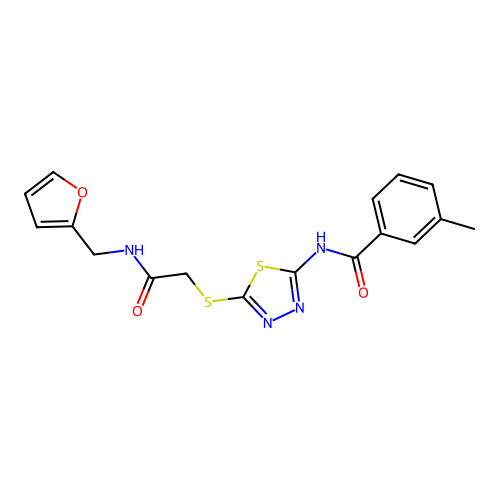 N-[5-[2-(furan-2-ylmethylamino)-2-oxoethyl]sulfanyl-1,3,4-thiadiazol-2-yl]-3-methylbenzamide structure