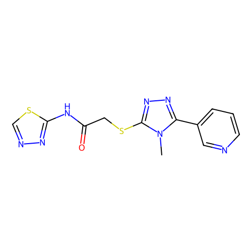 2-[(4-methyl-5-pyridin-3-yl-1,2,4-triazol-3-yl)sulfanyl]-N-(1,3,4-thiadiazol-2-yl)acetamide structure