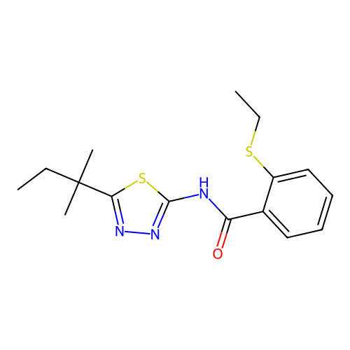 2-ethylsulfanyl-N-[5-(2-methylbutan-2-yl)-1,3,4-thiadiazol-2-yl]benzamide structure