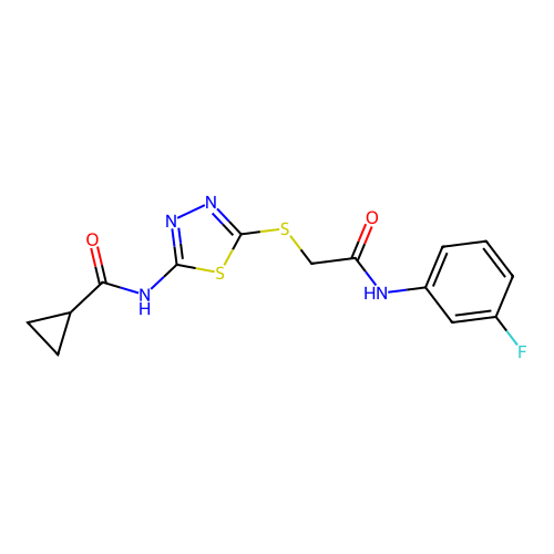 N-[5-({[(3-fluorophenyl)carbamoyl]methyl}sulfanyl)-1,3,4-thiadiazol-2-yl]cyclopropanecarboxamide structure