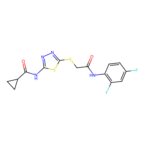 N-(5-((2-((2,4-difluorophenyl)amino)-2-oxoethyl)thio)-1,3,4-thiadiazol-2-yl)cyclopropanecarboxamide structure