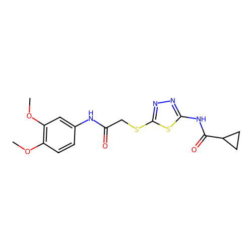 N-(5-((2-((3,4-dimethoxyphenyl)amino)-2-oxoethyl)thio)-1,3,4-thiadiazol-2-yl)cyclopropanecarboxamide structure
