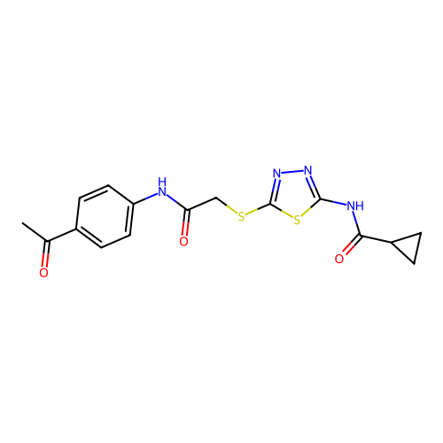 N-[5-[2-(4-acetylanilino)-2-oxoethyl]sulfanyl-1,3,4-thiadiazol-2-yl]cyclopropanecarboxamide structure