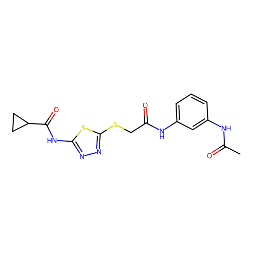N-[5-({[(3-acetamidophenyl)carbamoyl]methyl}sulfanyl)-1,3,4-thiadiazol-2-yl]cyclopropanecarboxamide structure
