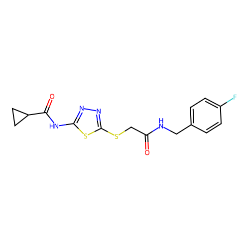 N-{5-[({[(4-fluorophenyl)methyl]carbamoyl}methyl)sulfanyl]-1,3,4-thiadiazol-2-yl}cyclopropanecarboxamide structure