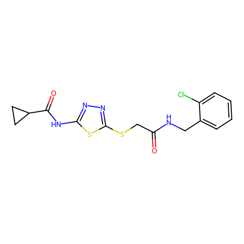 N-[5-[2-[(2-chlorophenyl)methylamino]-2-oxoethyl]sulfanyl-1,3,4-thiadiazol-2-yl]cyclopropanecarboxamide structure