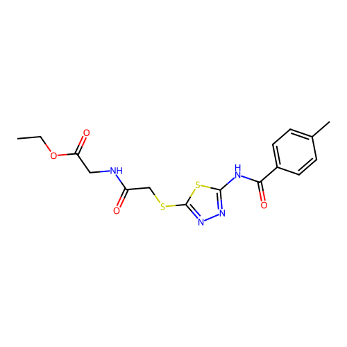 ethyl 2-(2-{[5-(4-methylbenzamido)-1,3,4-thiadiazol-2-yl]sulfanyl}acetamido)acetate structure