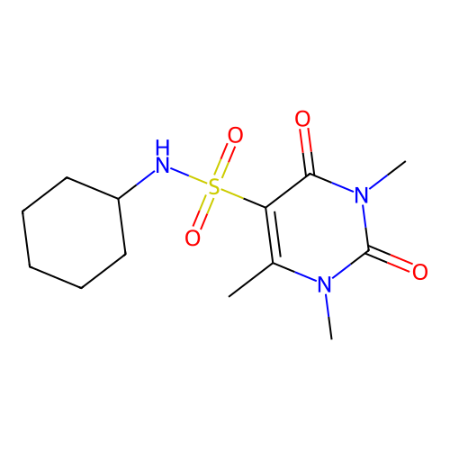 N-cyclohexyl-1,3,4-trimethyl-2,6-dioxopyrimidine-5-sulfonamide structure