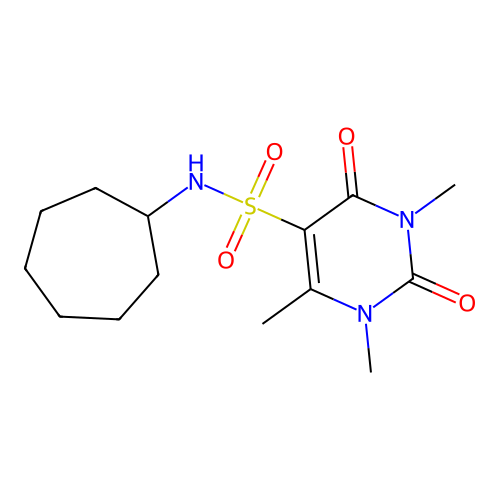 N-cycloheptyl-1,3,4-trimethyl-2,6-dioxopyrimidine-5-sulfonamide structure