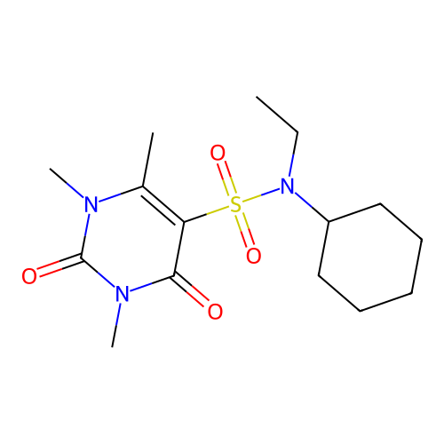 N-cyclohexyl-N-ethyl-1,3,4-trimethyl-2,6-dioxopyrimidine-5-sulfonamide structure