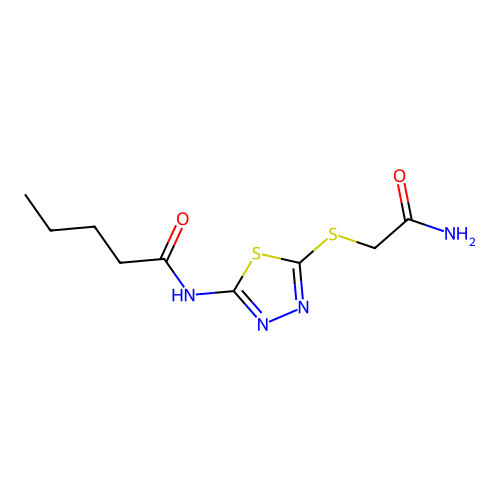 N-[5-(2-amino-2-oxoethyl)sulfanyl-1,3,4-thiadiazol-2-yl]pentanamide structure