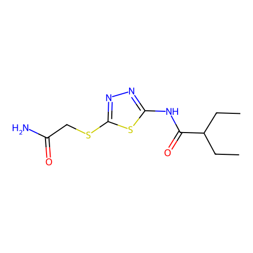 N-[5-(2-amino-2-oxoethyl)sulfanyl-1,3,4-thiadiazol-2-yl]-2-ethylbutanamide structure