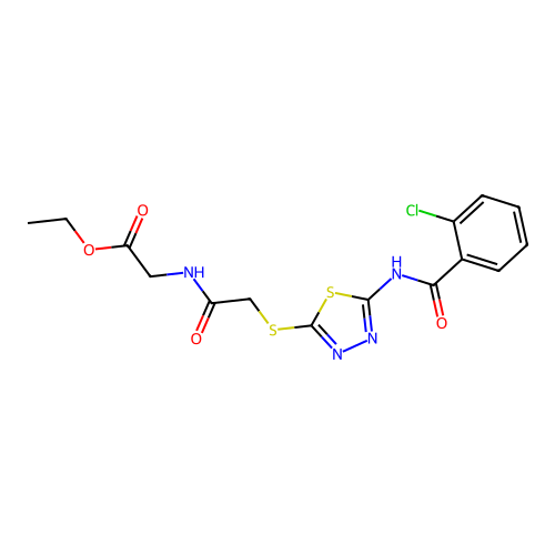 Ethyl 2-(2-((5-(2-chlorobenzamido)-1,3,4-thiadiazol-2-yl)thio)acetamido)acetate structure