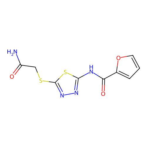 N-[5-(2-amino-2-oxoethyl)sulfanyl-1,3,4-thiadiazol-2-yl]furan-2-carboxamide structure