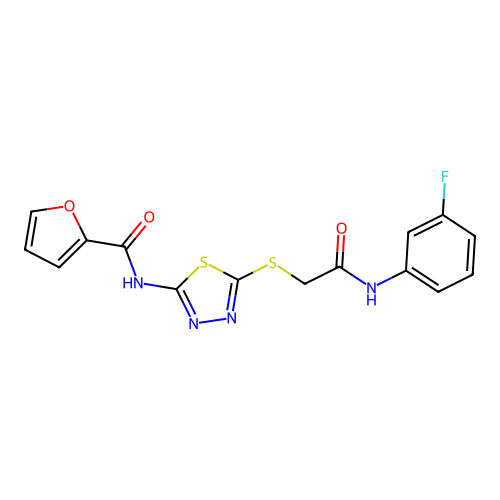 N-[5-({[(3-fluorophenyl)carbamoyl]methyl}sulfanyl)-1,3,4-thiadiazol-2-yl]furan-2-carboxamide structure