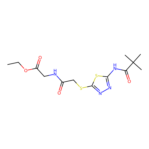 Ethyl 2-(2-((5-pivalamido-1,3,4-thiadiazol-2-yl)thio)acetamido)acetate structure