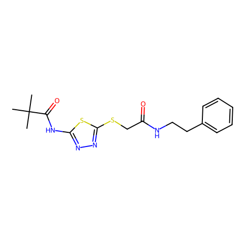 N-(5-((2-oxo-2-(phenethylamino)ethyl)thio)-1,3,4-thiadiazol-2-yl)pivalamide structure