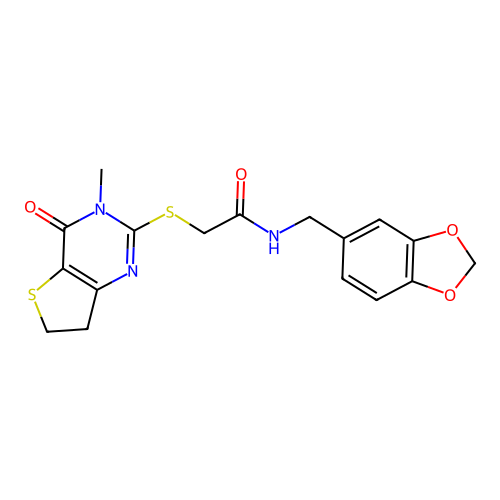 N-(1,3-benzodioxol-5-ylmethyl)-2-[(3-methyl-4-oxo-6,7-dihydrothieno[3,2-d]pyrimidin-2-yl)sulfanyl]acetamide structure