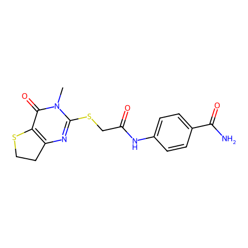 4-[2-({3-methyl-4-oxo-3H,4H,6H,7H-thieno[3,2-d]pyrimidin-2-yl}sulfanyl)acetamido]benzamide structure