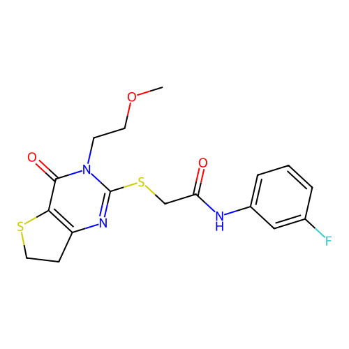 N-(3-fluorophenyl)-2-{[3-(2-methoxyethyl)-4-oxo-3H,4H,6H,7H-thieno[3,2-d]pyrimidin-2-yl]sulfanyl}acetamide structure