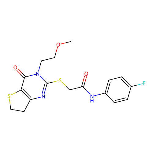 N-(4-fluorophenyl)-2-{[3-(2-methoxyethyl)-4-oxo-3H,4H,6H,7H-thieno[3,2-d]pyrimidin-2-yl]sulfanyl}acetamide structure