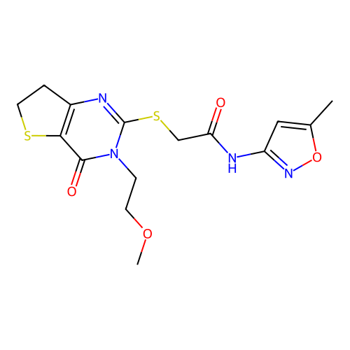 2-((3-(2-methoxyethyl)-4-oxo-3,4,6,7-tetrahydrothieno[3,2-d]pyrimidin-2-yl)thio)-N-(5-methylisoxazol-3-yl)acetamide structure
