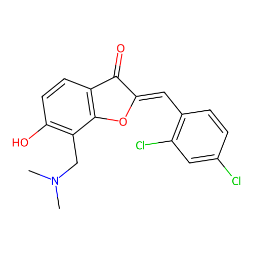 (Z)-2-(2,4-dichlorobenzylidene)-7-((dimethylamino)methyl)-6-hydroxybenzofuran-3(2H)-one structure