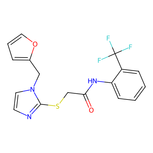 2-((1-(furan-2-ylmethyl)-1H-imidazol-2-yl)thio)-N-(2-(trifluoromethyl)phenyl)acetamide structure