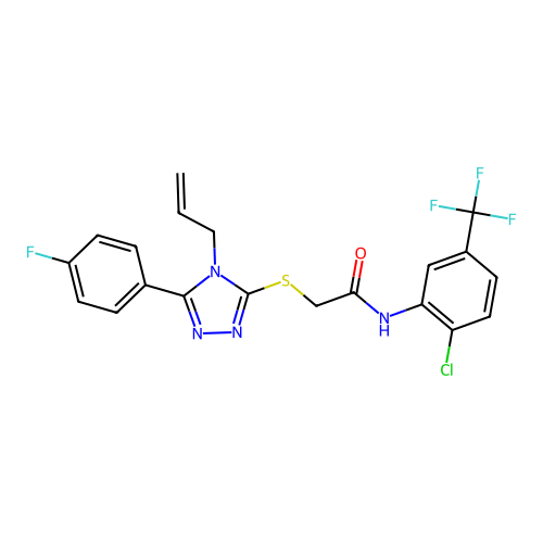 N-[2-chloro-5-(trifluoromethyl)phenyl]-2-{[5-(4-fluorophenyl)-4-(prop-2-en-1-yl)-4H-1,2,4-triazol-3-yl]sulfanyl}acetamide structure