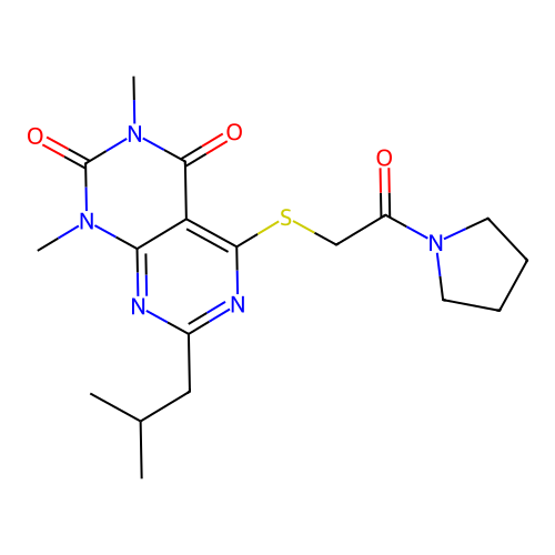 1,3-dimethyl-7-(2-methylpropyl)-5-(2-oxo-2-pyrrolidin-1-ylethyl)sulfanylpyrimido[4,5-d]pyrimidine-2,4-dione structure