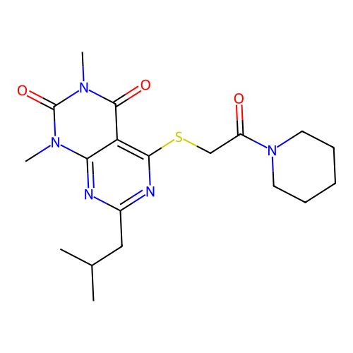 1,3-dimethyl-7-(2-methylpropyl)-5-(2-oxo-2-piperidin-1-ylethyl)sulfanylpyrimido[4,5-d]pyrimidine-2,4-dione structure