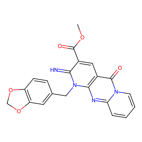 methyl 7-[(2H-1,3-benzodioxol-5-yl)methyl]-6-imino-2-oxo-1,7,9-triazatricyclo[8.4.0.0^{3,8}]tetradeca-3(8),4,9,11,13-pentaene-5-carboxylate structure