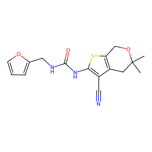 1-(3-cyano-5,5-dimethyl-4,7-dihydrothieno[2,3-c]pyran-2-yl)-3-(furan-2-ylmethyl)urea structure