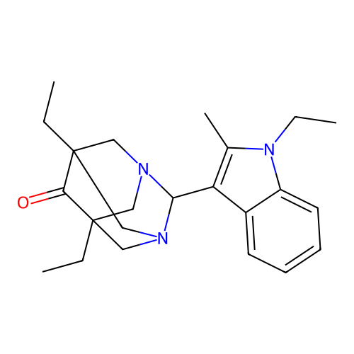(1r,5R,7S)-5,7-diethyl-2-(1-ethyl-2-methyl-1H-indol-3-yl)-1,3-diazaadamantan-6-one structure