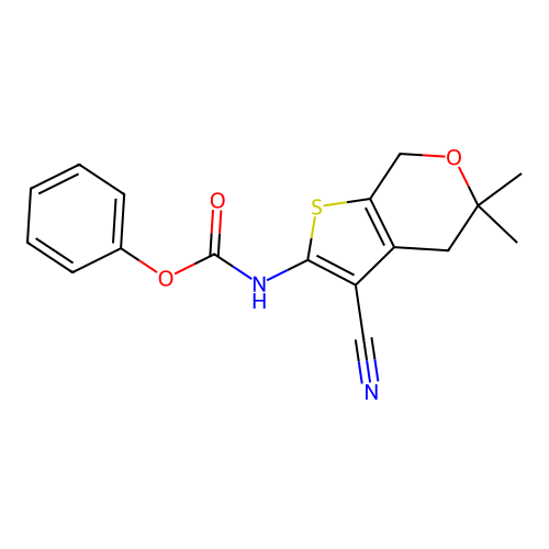 phenyl (3-cyano-5,5-dimethyl-4,7-dihydro-5H-thieno[2,3-c]pyran-2-yl)carbamate structure