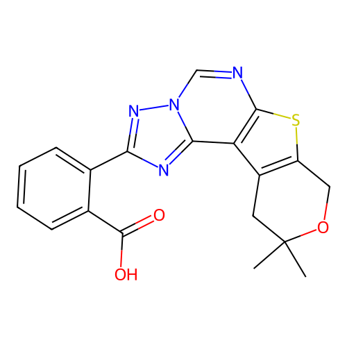 2-(10,10-dimethyl-10,11-dihydro-8H-pyrano[4',3':4,5]thieno[3,2-e][1,2,4]triazolo[1,5-c]pyrimidin-2-yl)benzoic acid structure