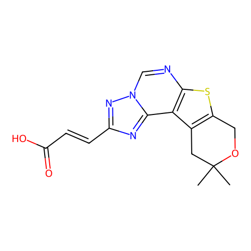 (2E)-3-(10,10-dimethyl-10,11-dihydro-8H-pyrano[4',3':4,5]thieno[3,2-e][1,2,4]triazolo[1,5-c]pyrimidin-2-yl)prop-2-enoic acid structure