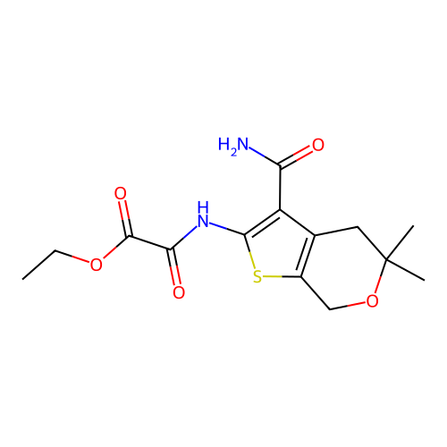ethyl 2-[(3-carbamoyl-5,5-dimethyl-4,7-dihydrothieno[2,3-c]pyran-2-yl)amino]-2-oxoacetate structure