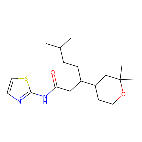 3-(2,2-dimethyloxan-4-yl)-6-methyl-N-(1,3-thiazol-2-yl)heptanamide structure