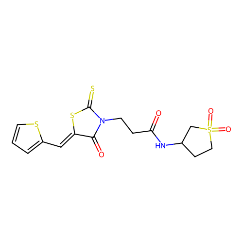 N-(1,1-dioxidotetrahydrothiophen-3-yl)-3-[(5Z)-4-oxo-5-(thiophen-2-ylmethylidene)-2-thioxo-1,3-thiazolidin-3-yl]propanamide structure