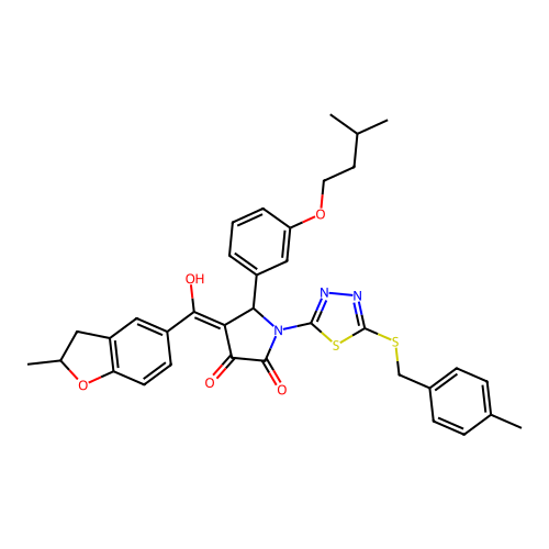 3-hydroxy-5-(3-(isopentyloxy)phenyl)-4-(2-methyl-2,3-dihydrobenzofuran-5-carbonyl)-1-(5-((4-methylbenzyl)thio)-1,3,4-thiadiazol-2-yl)-1H-pyrrol-2(5H)-one structure