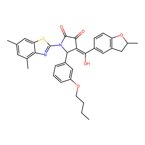 (4E)-5-(3-butoxyphenyl)-1-(4,6-dimethyl-1,3-benzothiazol-2-yl)-4-[hydroxy(2-methyl-2,3-dihydro-1-benzofuran-5-yl)methylidene]pyrrolidine-2,3-dione structure