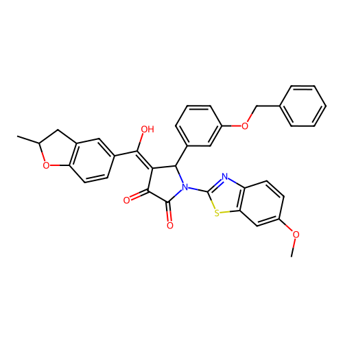 (4E)-4-[hydroxy-(2-methyl-2,3-dihydro-1-benzofuran-5-yl)methylidene]-1-(6-methoxy-1,3-benzothiazol-2-yl)-5-(3-phenylmethoxyphenyl)pyrrolidine-2,3-dione structure