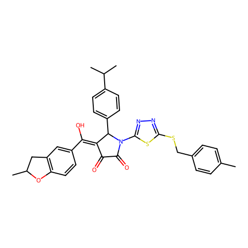 3-hydroxy-5-(4-isopropylphenyl)-4-(2-methyl-2,3-dihydrobenzofuran-5-carbonyl)-1-(5-((4-methylbenzyl)thio)-1,3,4-thiadiazol-2-yl)-1H-pyrrol-2(5H)-one structure