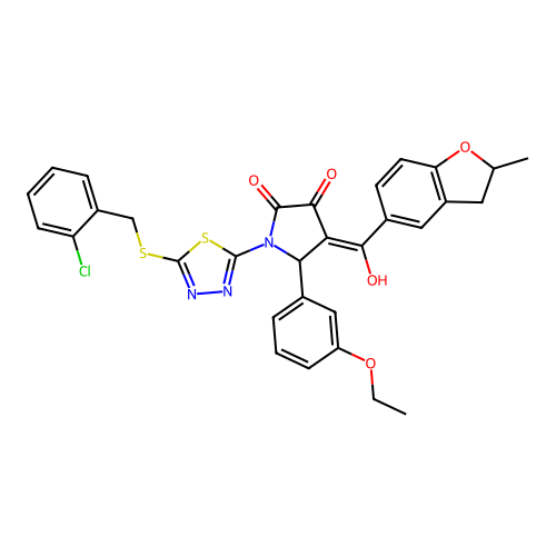 (4E)-1-[5-[(2-chlorophenyl)methylsulfanyl]-1,3,4-thiadiazol-2-yl]-5-(3-ethoxyphenyl)-4-[hydroxy-(2-methyl-2,3-dihydro-1-benzofuran-5-yl)methylidene]pyrrolidine-2,3-dione structure